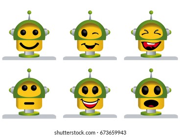 Set of six yellow and green robot faces, happy, wink, laughing, thoughtful, enthusiastic and surprised  - Vector image