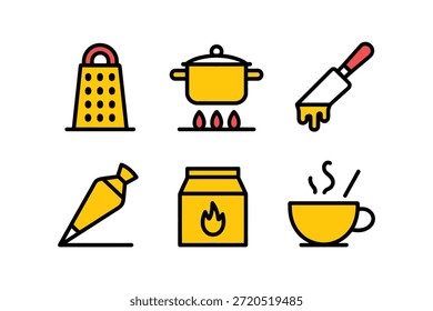Eine Reihe von sechs gelben Küchensymbolen, darunter eine Reibe, eine Kanne, ein Messer, eine Gebäcktasche, einen Toaster und eine Tasse Kaffee.