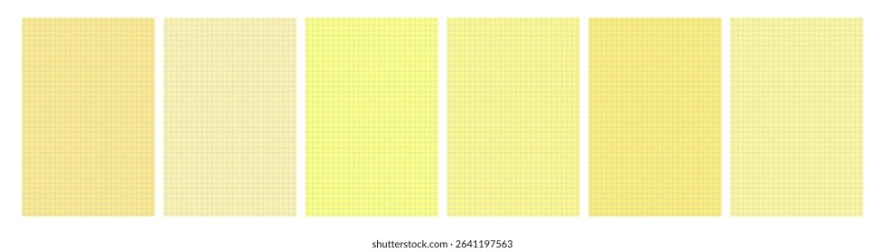 Set of six yellow legal pad pages with grid designs. Great for school, office, memos or business templates use. Vector illustration