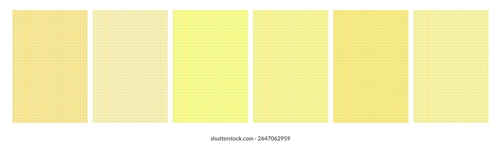 Set of six yellow legal pad pages with grid designs. Great for school, office, memos or business templates use. Vector illustration