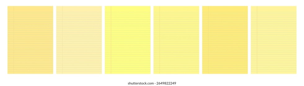 Set of six yellow legal pad pages with lined designs. Great for school, office, memos or business templates use. Vector illustration
