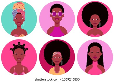 Set of six young black women round flat icons in different clothes and hairstyles. Six circle vector avatars of black female fashion 