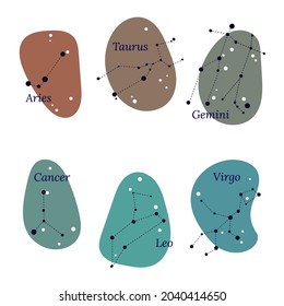 Set of six zodiac signs Aries, Taurus, Leo, Gemini, Cancer, Virgo on color spots. Vector pattern for astrological, esoteric, magical sessions, personality research.