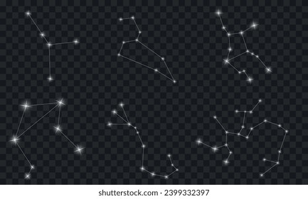 Set of six zodiac signs. A collection of six zodiac signs consisting of shining stars on a dark checkered background. Challenges: Cancer, Leo, Virgo, Libra, Scorpio, Sagittarius. 