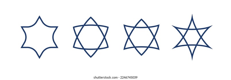 Set of six-pointed Jewish stars with a distorted convex shape vector illustration with editable stroke