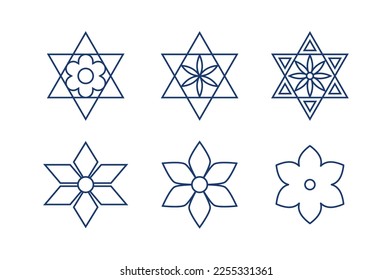 Set of six-pointed Jewish stars shaped like flowers vector illustration with editable stroke