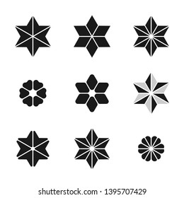 Set of six-pointed stars,patterns and logos. Black and white vector illustration.