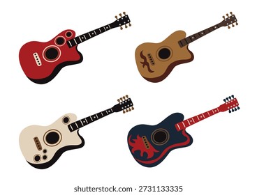 Conjunto de guitarras acústicas de seis cordas e doze cordas de cores diferentes. Ilustrações vetoriais de instrumentos musicais sobre fundo branco.