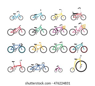 set of sixteeen simple bicycles with colorful frame
