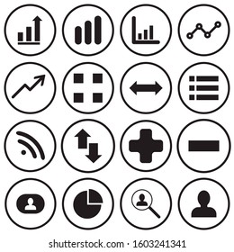 Set of sixteen, 16 different business analytics, research icons, black, isolated on white background EPS Vector