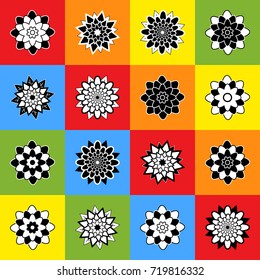 A set of sixteen abstract black and white flowers on colored squares
