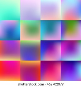 Set of sixteen abstract vector gradient backgrounds. Square. Photo filter. Blurred backdrop. Calm pastel fonds. Bright fonds.