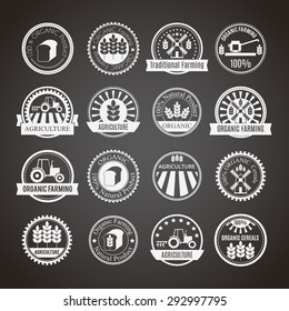 Set of sixteen agricultural and farming badges (cereal cultivation, organic farming and natural healthy food). Minimalistic design. Monochrome (white round badges on a black background)