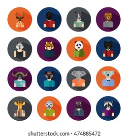 Set of sixteen animal avatars color flat icons