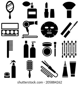 Set of sixteen beauty accessories vector icons set: mirror, cosmetics, lipstick, mascara, hair dryer, mask, perfume, tube, comb, eye shadow, curling iron, brush, cotton swabs, spray, powder. 