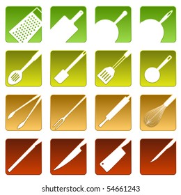 Set of sixteen beveled cooking utensil icons