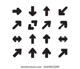 A set of sixteen black arrow shapes pointing in different directions isolated on a white background, useful for indicating direction or navigation.