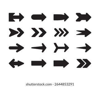 Um conjunto de dezesseis formas de seta preta apontando em diferentes direções, principalmente para a direita, isoladas em um fundo branco, útil para a navegação.