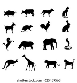 Set of sixteen black silhouettes of wild and domestic animals. Depicted pig, cow, dog, cat, goat, rat, rooster, hare, horse, rhinoceros, elephant, snake, kangaroo, giraffe, tiger, monkey