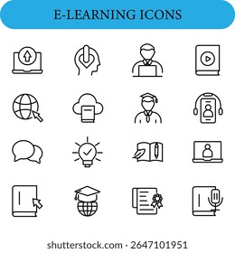 Conjunto de dezesseis ícones de e-learning em preto e branco.