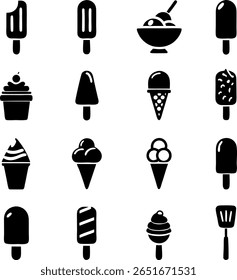 A set of sixteen black and white icons featuring various ice cream treats, including cones, popsicles, and bowls, perfect for summer themed designs and menus.