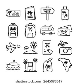Um conjunto de dezesseis ícones temáticos de viagem e férias em preto e branco.