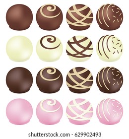 Set of sixteen chocolates with different kind of chocolate and decoration.