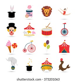 Set of sixteen color and bright circus icons