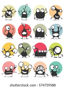 Set of sixteen color stickers with cute monsters. Cartoon illustration. Vector set