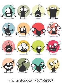 Set of sixteen color stickers with cute monsters. Cartoon illustration. Vector set