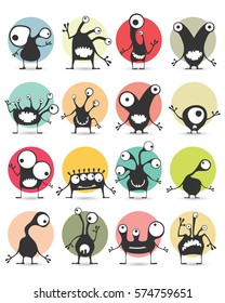 Set of sixteen color stickers with cute monsters. Cartoon illustration. Vector set