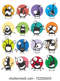 Set of sixteen color stickers with cute monsters. Cartoon illustration. Vector set