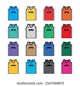 Set of sixteen colored team sleeveless basketball jerseys with stripes on the sides, rounded rectangle and line on a white background. Sportswear illustrations.