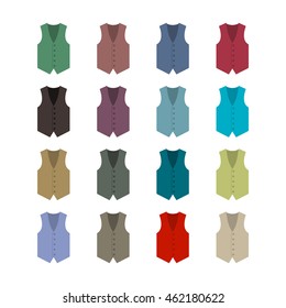 Set of sixteen colored waistcoats in a flat style, isolated on white background, design element outerwear and the subject of a businessman wardrobe, vector illustration.