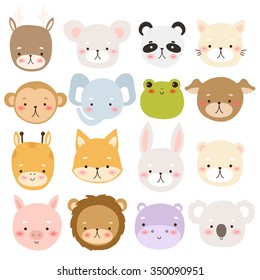 set of sixteen cute cartoon animal character on white background. cute deer, mouse, panda, cat, monkey, elephant, frog, dog, giraffe, fox, rabbit, bear, pig, lion, hippo and koala