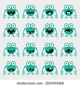 set of sixteen cute green frog monsters with emotions isolated on white