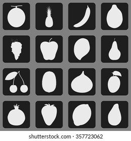 Set of sixteen dark grey icons silhouettes of fruits and berries: melon, pineapple, banana, papaya, grape, apple, mango, pear, cherry, kiwi, figs, plum, pomegranate, strawberry, lemon, avocado.