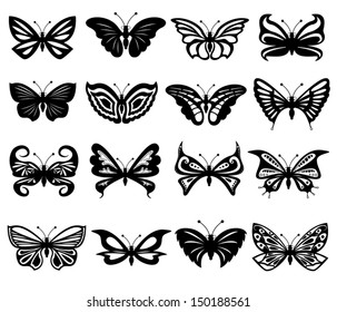 Set of sixteen different black and white beautiful butterflies. Hand drawing vector illustration