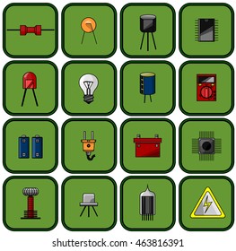 set of sixteen different colored electrical parts on a green background