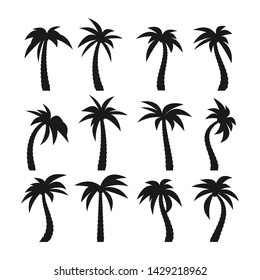 Set of sixteen different dark silhouettes of cartoon palm trees isolated on white background. Vector illustration