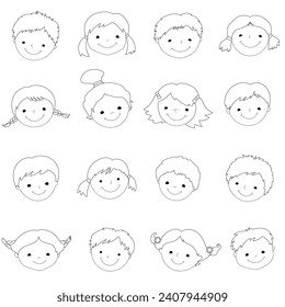 Set of sixteen different girls and boys heads in black and white. Children of many nationalities.