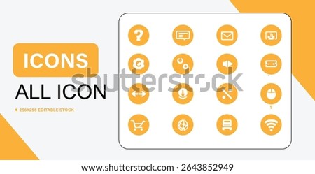A set of sixteen different icons, designed in a consistent style, displayed on a white background with yellow accents.