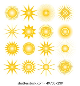 Set of sixteen different icons sun, isolated on white background, design elements of weather, vector illustration.