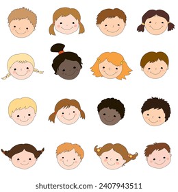 Set of sixteen different kids heads isolated on white. Children of many nationalities.