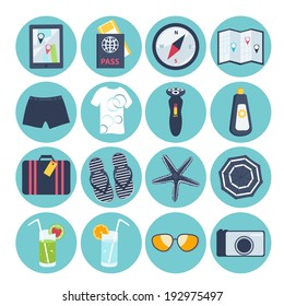 Set of sixteen different round summer vacation icons with a suitcase, passport, map, camera, sunglasses, sunscreen, swimsuit, slip slops, starfish, beach umbrella, cocktail, ice lolly and ice cream