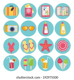 Set of sixteen different round summer vacation icons with a suitcase, passport, map, camera, sunglasses, sunscreen, swimsuit, slip slops, starfish, beach umbrella, cocktail, ice lolly and ice cream