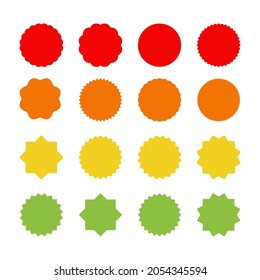 A set of sixteen different starburst sunburst icons in four bright colors on a white background, an empty sign with an inscription, vector graphics