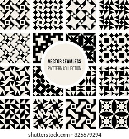 Set of Sixteen Different Vector Seamless Black And White Square Geometric Pattern Collection