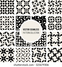 Set of Sixteen Different Vector Seamless Black And White Square Rounded Geometric Pattern Collection