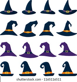 Set of sixteen different witch hat in cartoon style. Happy Halloween. Vector, flat style, cartoon.